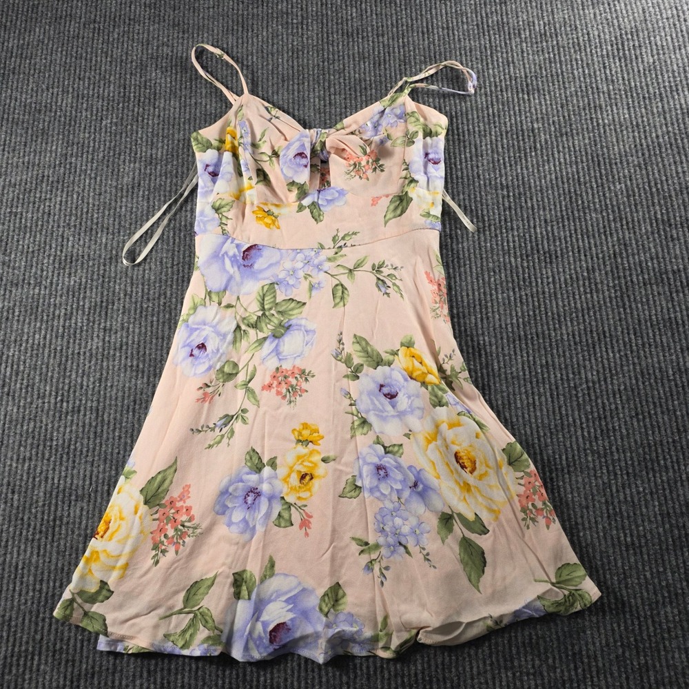 Forever 21 Peach Floral Mini Dress Spaghetti Strap Tie Front Small